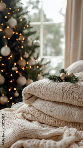 Cozy knitted blankets arranged near a beautifully decorated Christmas tree wi...