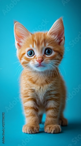 Orange kitten exploring a bright blue background with curiosity and playfulness