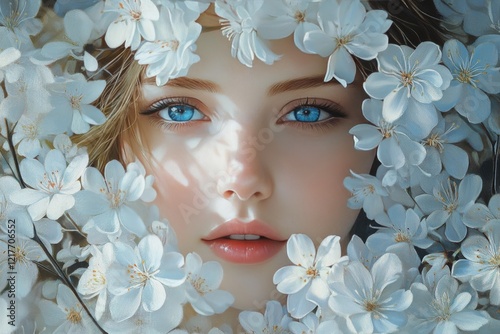 Captivating portrait of a young woman surrounded by white flowers with striki...