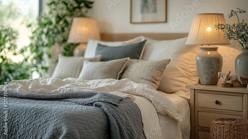 Cozy and inviting bedroom with soft lighting and greenery in a serene setting
