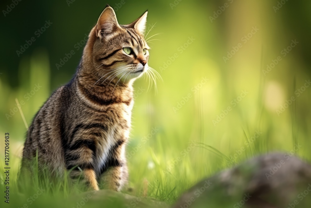 European Wildcat - Felis Silvestris - Looking Behind over Shoulder in Summer Meadow with Copy Space. Elegant Mammal Predator in Green National Park European Wildcat - Felis Silvestris - Looking Behind over Shoulder in Summer Meadow with Copy Space. Elegant Mammal Predator in Green National Park