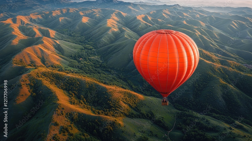 Obraz premium Orange Hot Air Balloon Soaring Over Rolling Hills