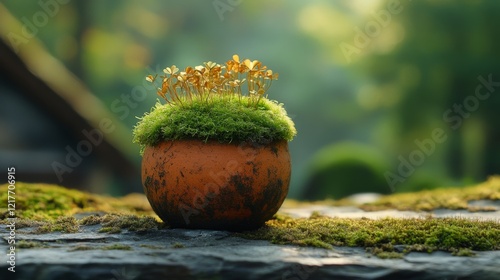 Small pot with vibrant yellow flowers and green moss on a natural surface in ...