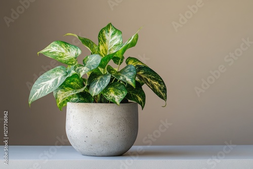Fresh green plant in modern pot illuminated by natural sunlight on a minimali...