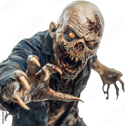 A terrifying zombie with claws reaching out, set against a stark transparent background, evoking fears of the undead, Scary Zombie with Claws on transparent background photo
