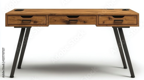 Modern wooden desk with metal legs and drawer storage for home or office work...