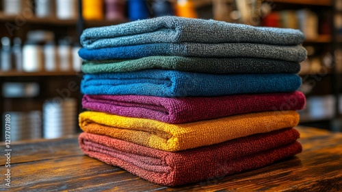 Colorful stack of folded towels displayed on rustic wooden table in a home de...