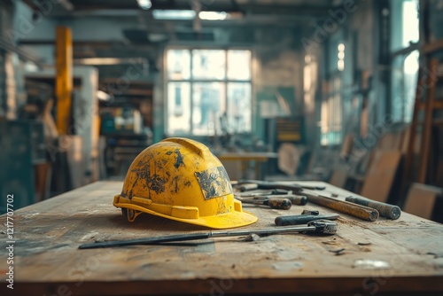 Yellow hard hat rests on a wooden table in a sunlit workshop filled with tool...