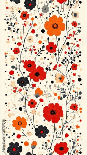 Colorful floral pattern with red, black, and orange flowers on a light backgr...