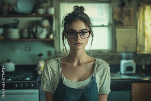 Young woman with glasses preparing food in a cozy kitchen decorated with plan...