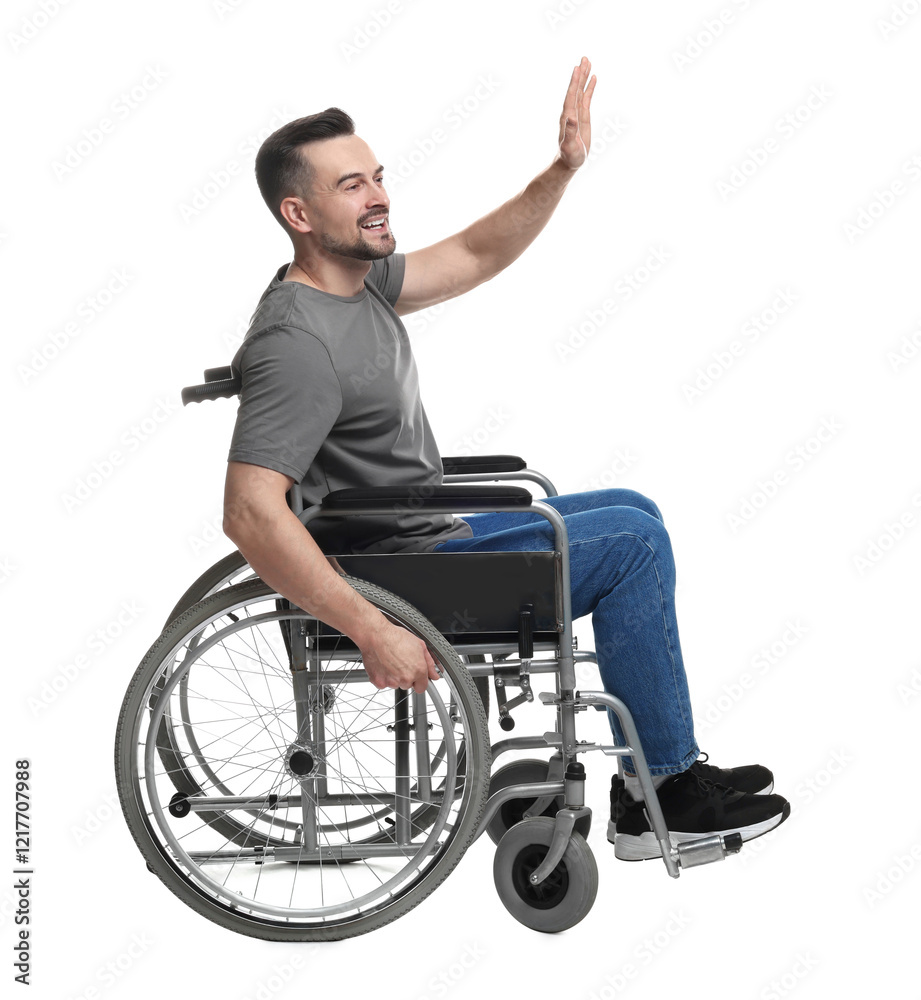 Man in wheelchair waving at someone on white background Man in wheelchair waving at someone on white background