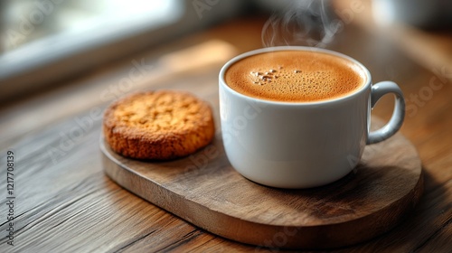 Warm coffee and cookie on a wooden table with soft sunlight in the background