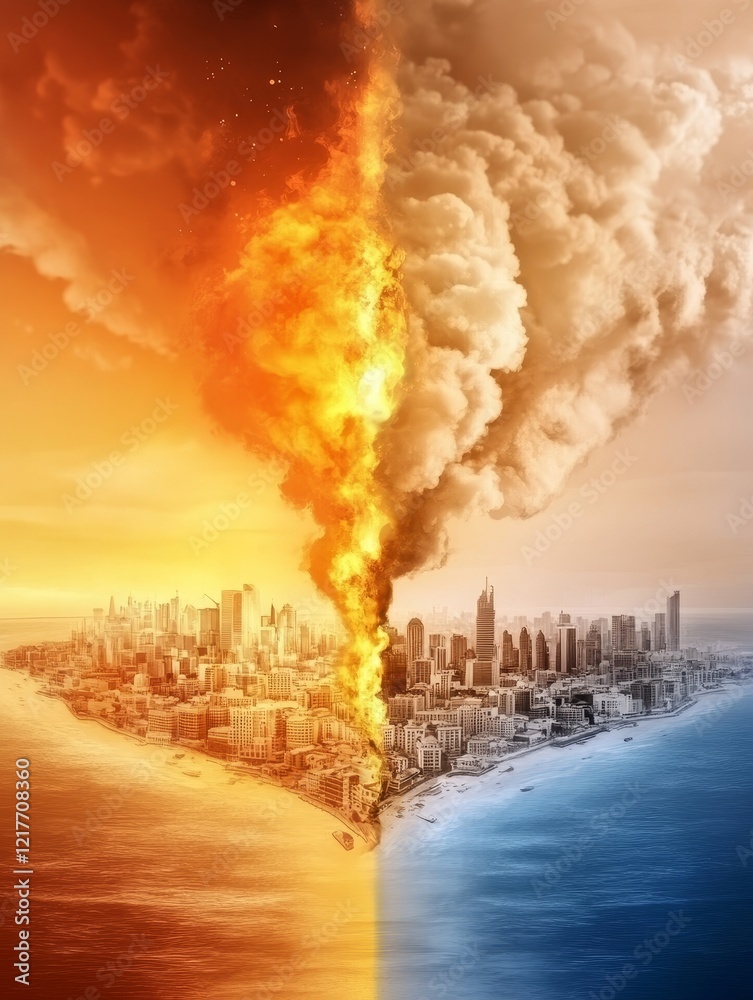 Fototapeta premium City Divided by Fire and Ice - A city is split in two, one half engulfed in flames, the other frozen in ice, symbolizing environmental disaster or conflict.