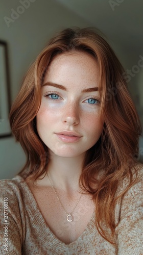 Stunning portrait of a woman with flowing red hair and radiant skin captured ...
