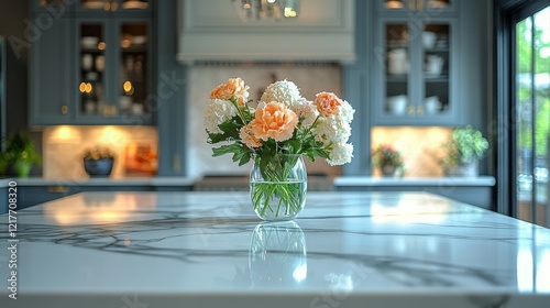 Beautiful floral arrangement in a modern kitchen with elegant decor and marbl...