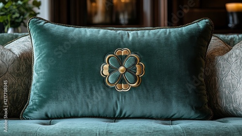 Elegant green velvet pillow with a shamrock design displayed on a cozy bed in...