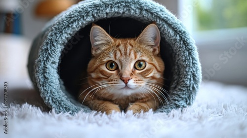 Cozy cat relaxing in a soft tunnel at home on a sunny day