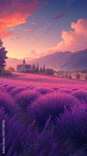 Vibrant lavender fields surround a quaint cottage under a blue sky