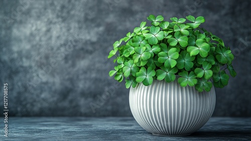 Fresh clover arrangement in a simple ceramic vase on a neutral background