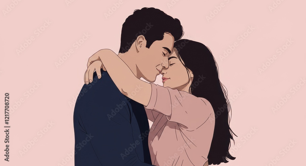 A stylized illustration of a couple embracing each other the man has short hair and the woman has long, dark hair they are both facing each other and hugging each other valentine's day love couple A stylized illustration of a couple embracing each other the man has short hair and the woman has long, dark hair they are both facing each other and hugging each other valentine's day love couple