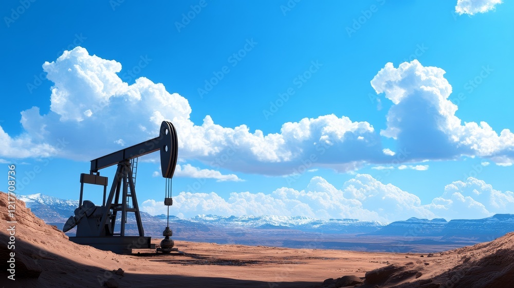 Oil Pump Jack in Desert Landscape - A single oil pump jack operates in a vast desert landscape under a bright blue sky, symbolizing energy, industry, resource extraction, environment, and progress.