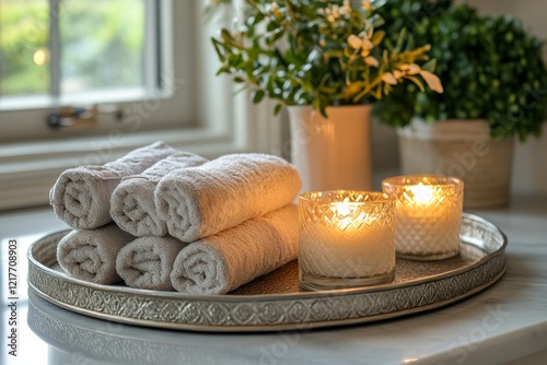 Soft towels and candles arranged on a tray beside a window in a serene bathro...