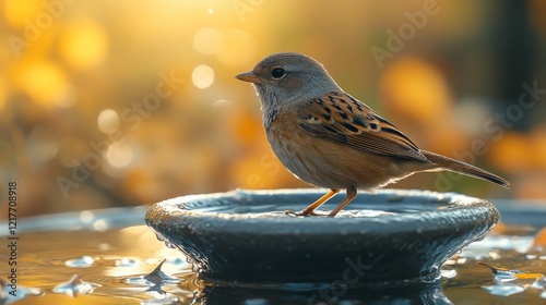 Bird perched on birdbath during sunset surrounded by soft glowing light