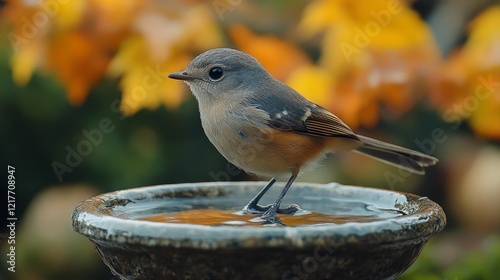 Bird perched on birdbath during sunset surrounded by soft glowing light
