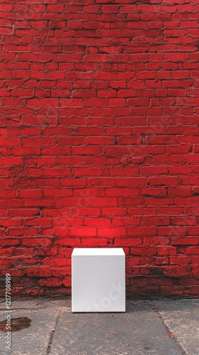 White box against a vibrant red brick wall in a city setting during daylight ...