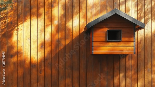 Rustic birdhouse mounted on wooden wall casting shadows in warm sunlight