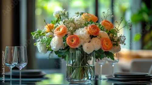 Elegant table setting adorned with vibrant flowers and soft candlelight durin...