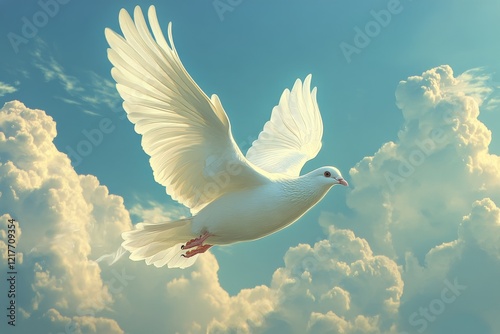 White dove soaring among colorful clouds at sunset in a serene sky