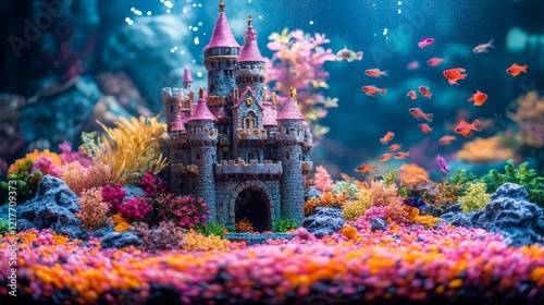 Goldfish swim around a colorful castle in a vibrant aquarium with decorative ...