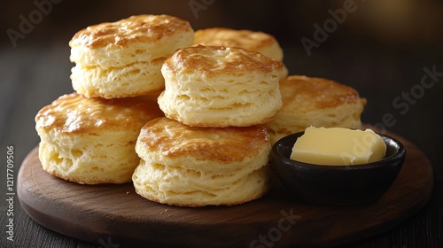 Freshly baked biscuits with butter served on a wooden board in a cozy kitchen...
