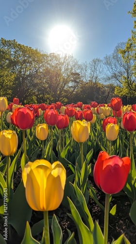 Vibrant tulip field under a bright sun with fluffy clouds in a clear blue sky...