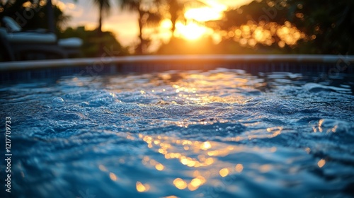 Relaxing ambiance created by floating flowers in a tranquil pool during sunset