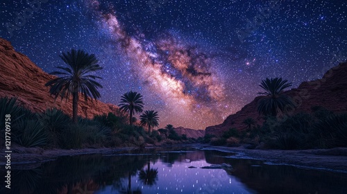 Nighttime view of the Milky Way over a serene oasis surrounded by palm trees in a desert landscape photo