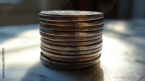 Silver coins stacked on a wooden surface illuminated by sunlight in a minimal...