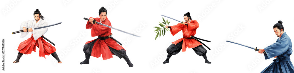 Samurai Warrior with Sword in Dynamic Poses Samurai Warrior with Sword in Dynamic Poses