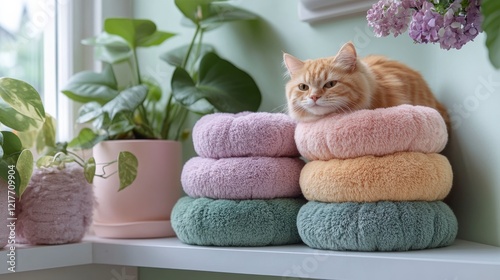 Cute plush cats displayed on a shelf in a cozy room during the afternoon