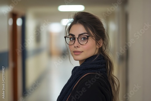 Young woman with glasses gazes thoughtfully in a softly lit hallway setting