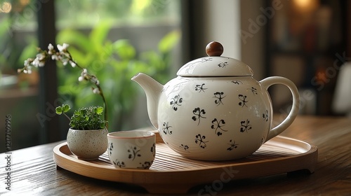 Enjoying a peaceful afternoon tea with delicate cups and a floral teapot on a...