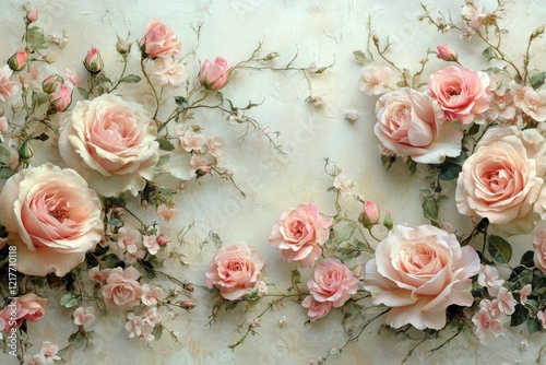 Beautiful arrangement of soft pink flowers against a pastel background in a f...