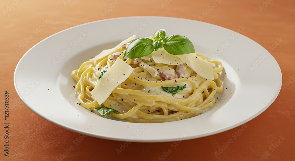 Creamy fettuccine Alfredo garnished with fresh basil and Parmesan shavings on a white plate against a warm, orange background. Creamy fettuccine Alfredo garnished with fresh basil and Parmesan shavings on a white plate against a warm, orange background.
