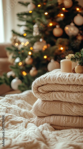 Cozy knitted blankets arranged near a beautifully decorated Christmas tree wi...