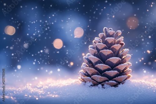 Beautiful pine cone on snow with soft light in winter forest setting at dawn