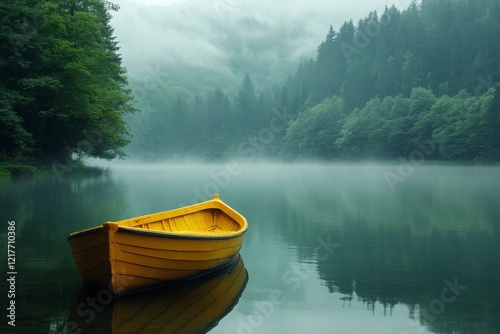 Calm waters reflect a yellow boat amidst lush green forests and morning mist
