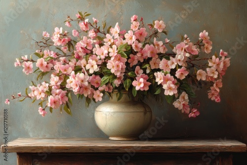 Bright and colorful ranunculus flowers arranged in a glass vase on a rustic w...
