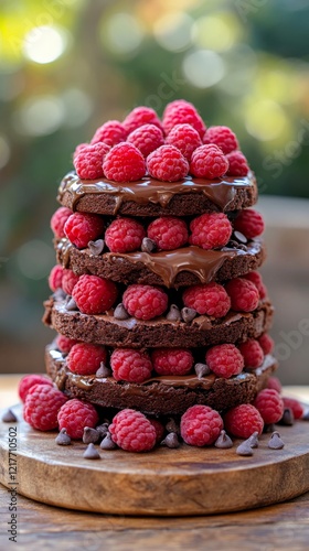 Decadent chocolate raspberry dessert tower with fresh berries and cream
