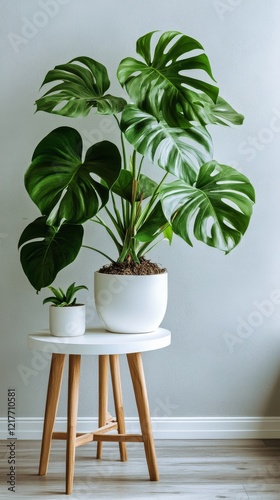 Elegant green tropical plants beside a white round table in a minimalist inte...
